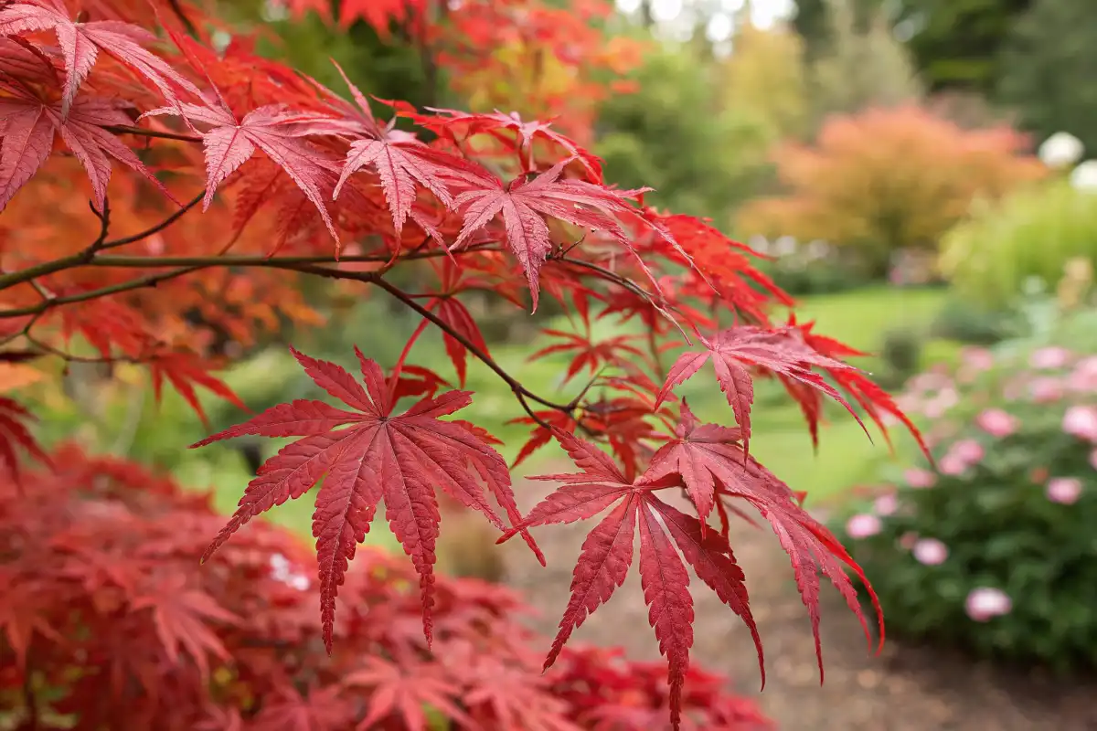 برگ‌های قرمز شعله‌ای افرای قرمز مجنون در پاییز