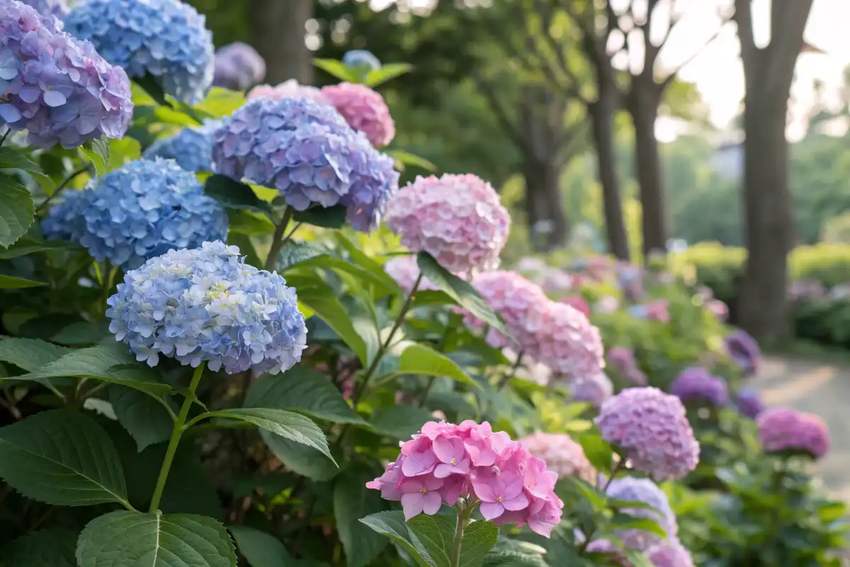 نمای کلی گل ادریسی با رنگ‌های متنوع